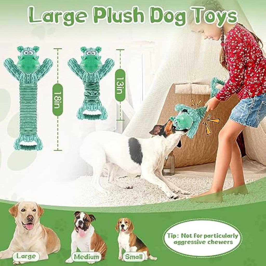 Large squeaky plush dog toy with a handle, showing hippo and monkey design options.