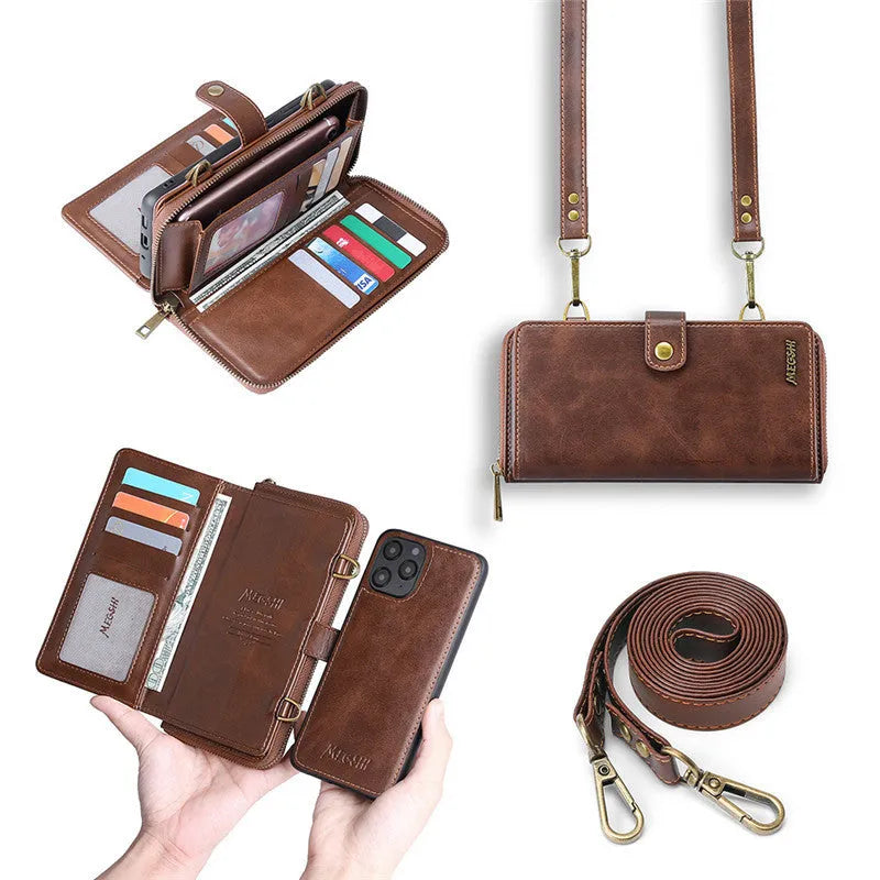 Detachable wallet backpack phone case with leather flip cover in black, blue, brown, or red