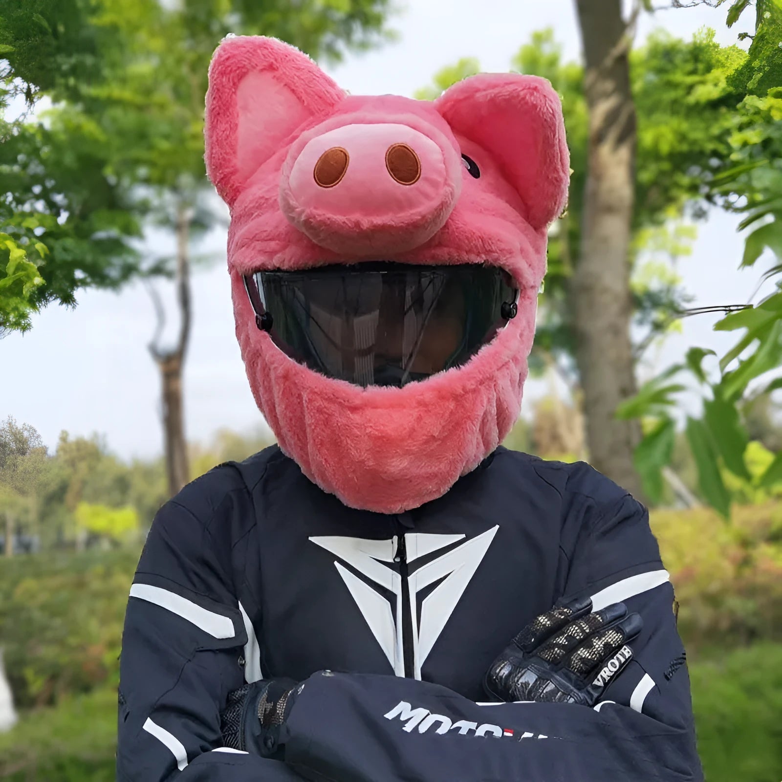 Pink pig cartoon plush protective hood for motorcycle helmets made from PV velvet cloth