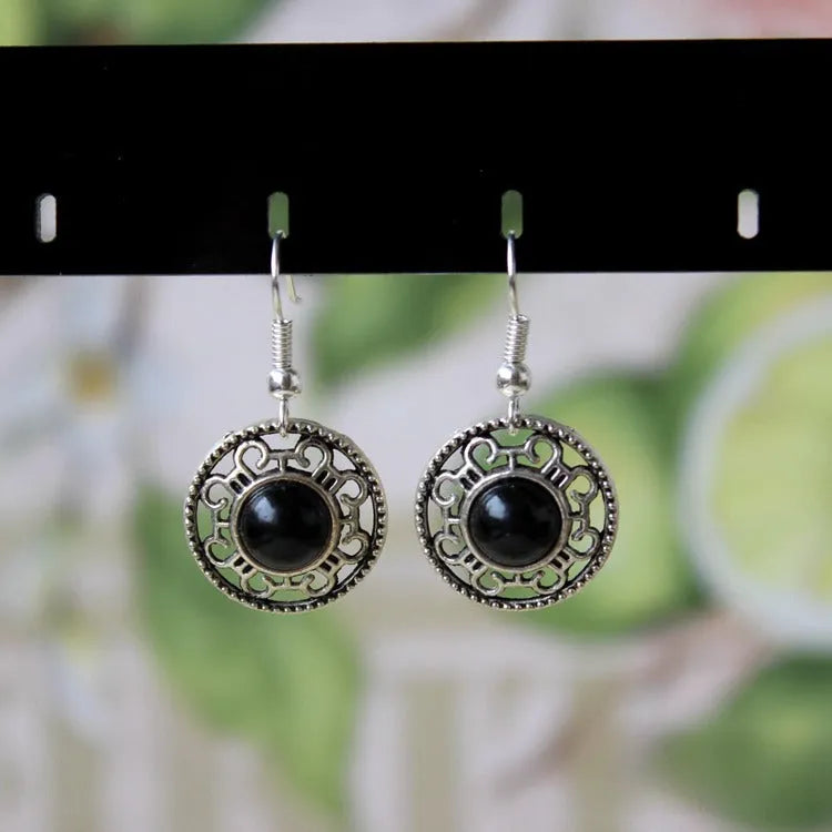 Miao silver retro geometric turquoise flower disk earrings with ethnic patterns in Tibetan silver