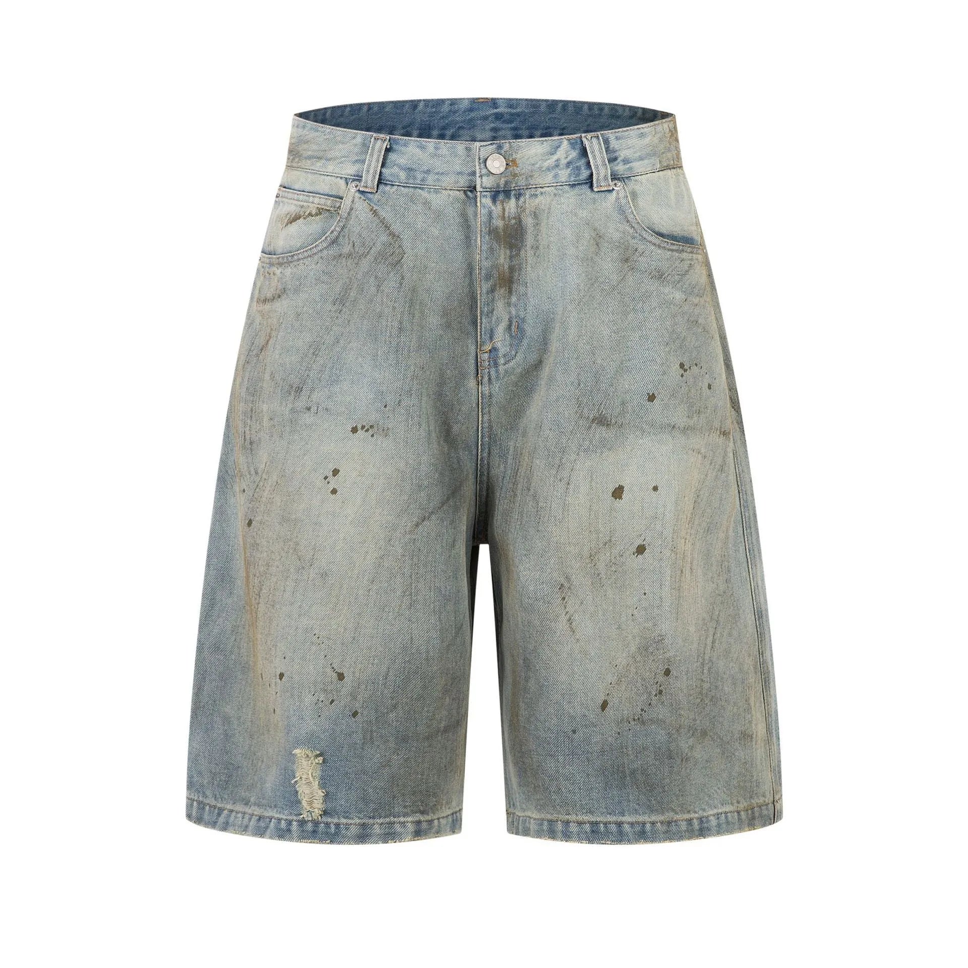 Blue cropped denim trousers with straight-leg cut and washed finish