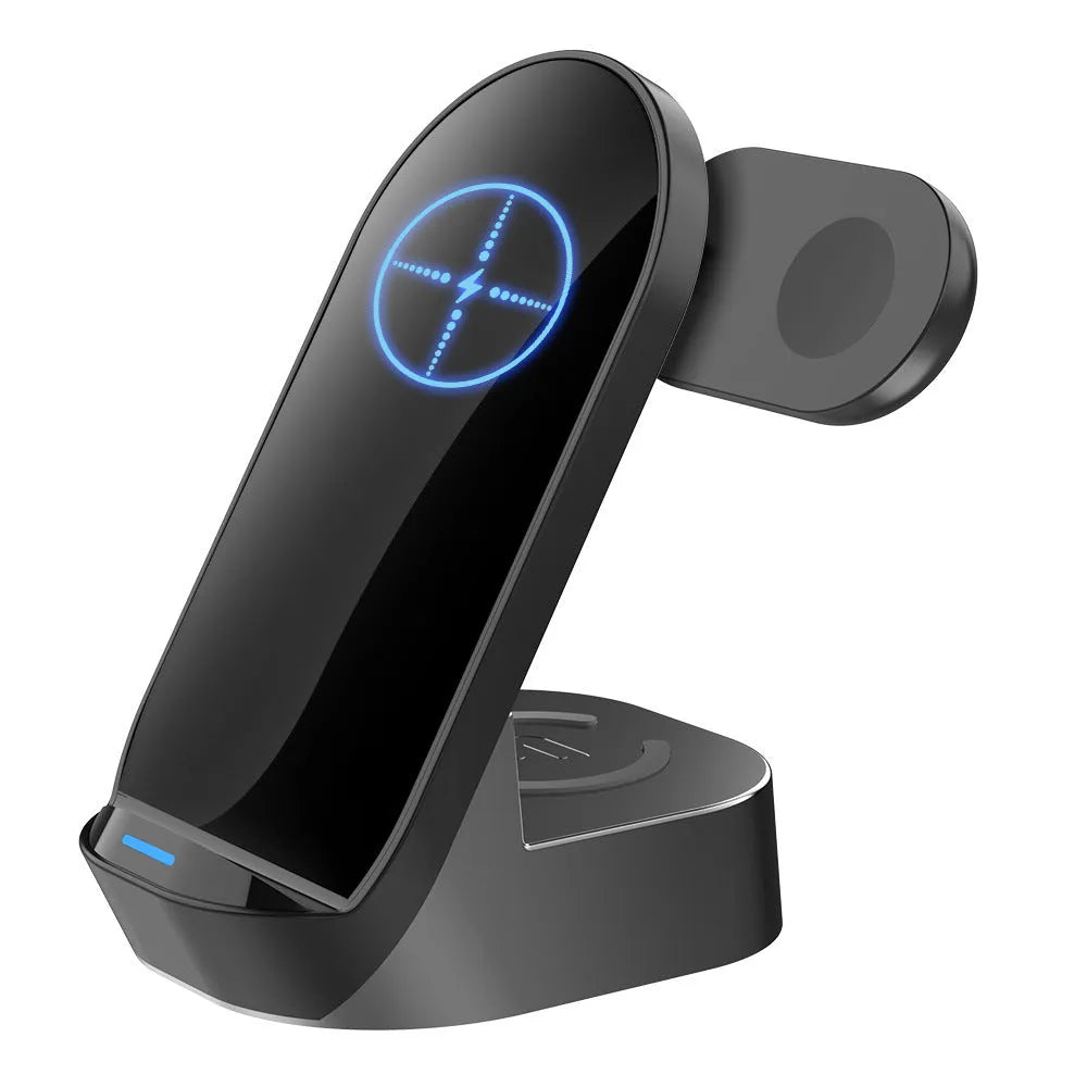 Black and grey foldable 3-in-1 wireless charging vertical stand for phone, watch and earbuds.
