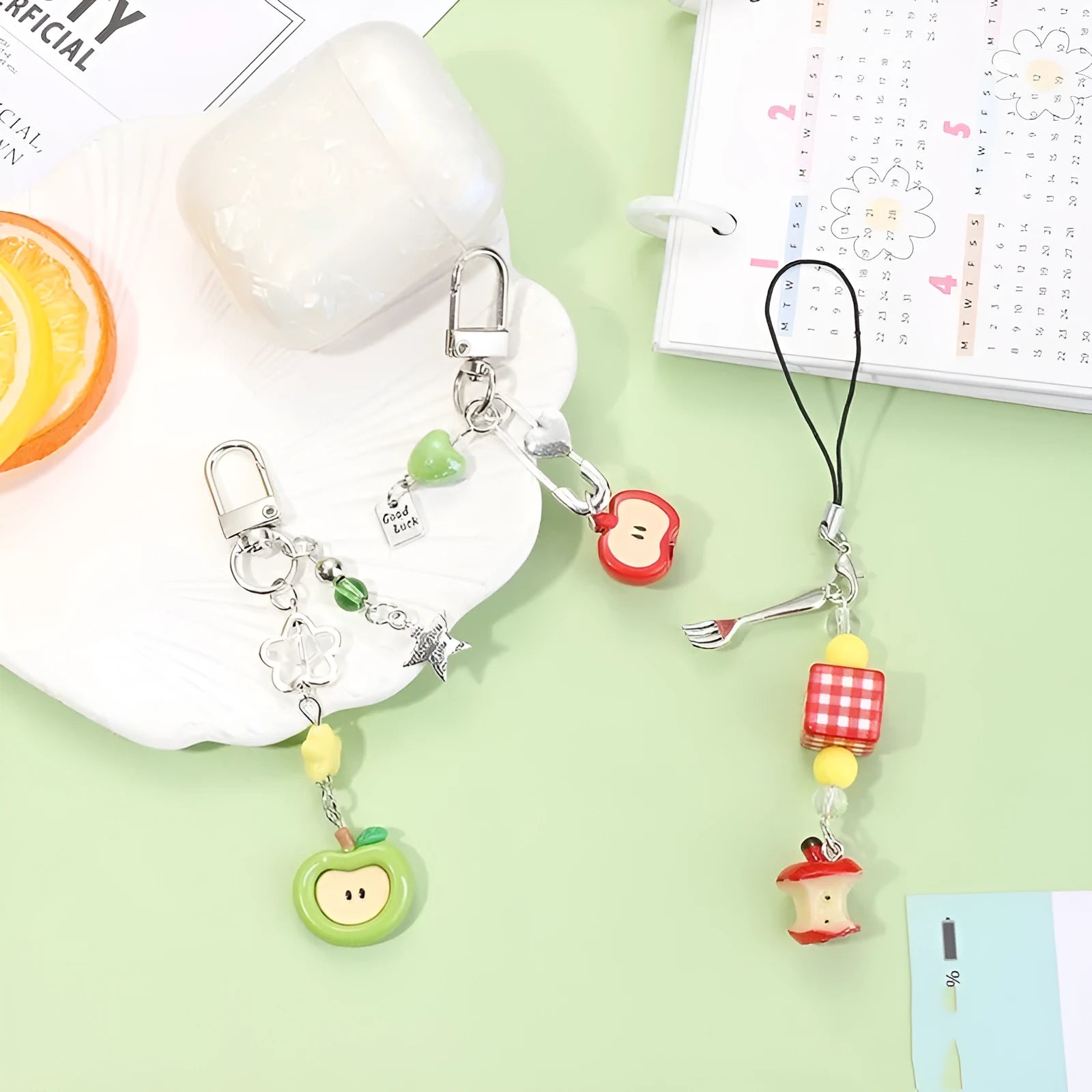 Fruit pattern plastic resin mobile phone charm keychain with rope attachment for iPhone cases