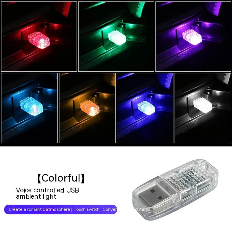 Car USB atmosphere light with touch controls and voice command RGB lighting functionality