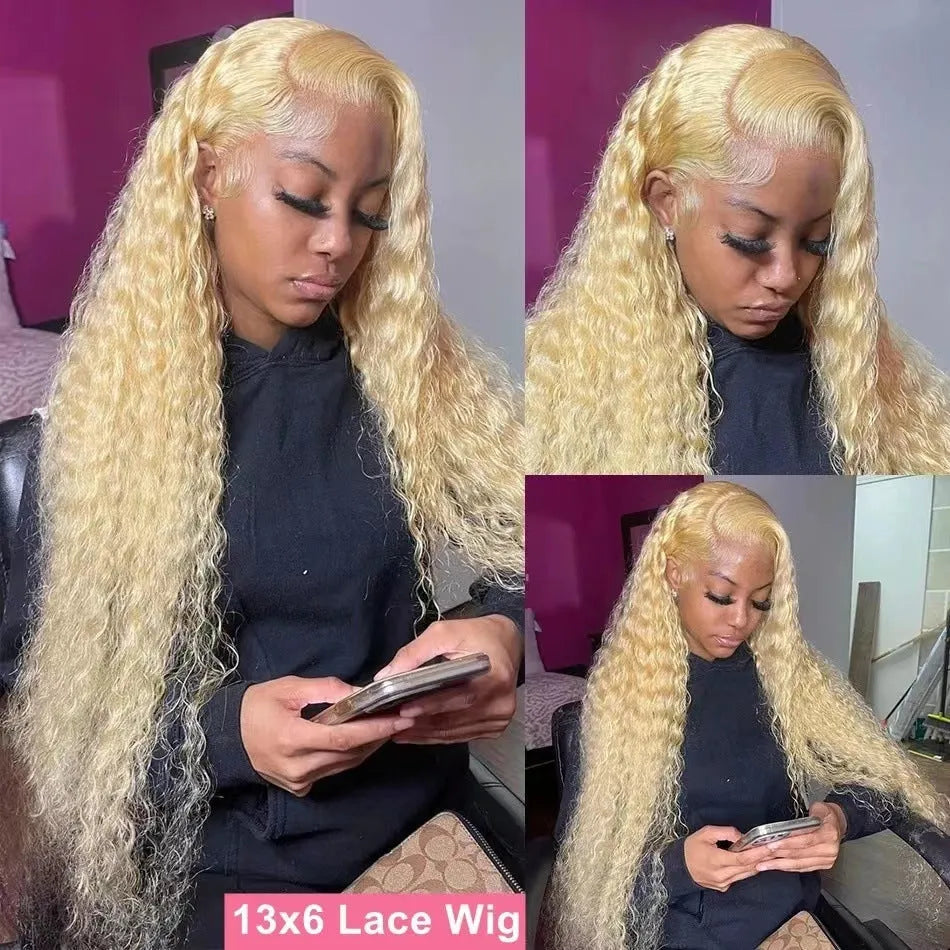 Long curly front lace full head wig for ladies in light gold high temperature fibre with side bangs