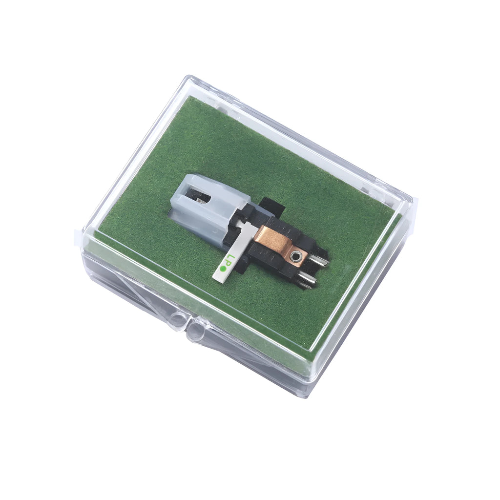 Double needle magnetic record player cartridge with ABS plastic shell measuring 28 by 10 millimetres