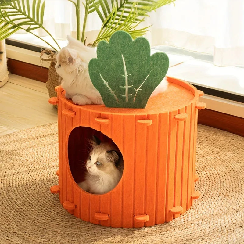 Carrot-shaped grey felt cat tunnel bed with one entrance hole, shown in medium and large sizes.