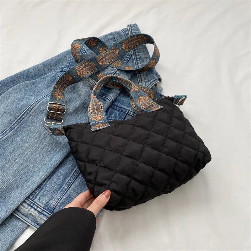 Oxford cloth shoulder messenger bag in horizontal square shape with single strap and sandwich pocket