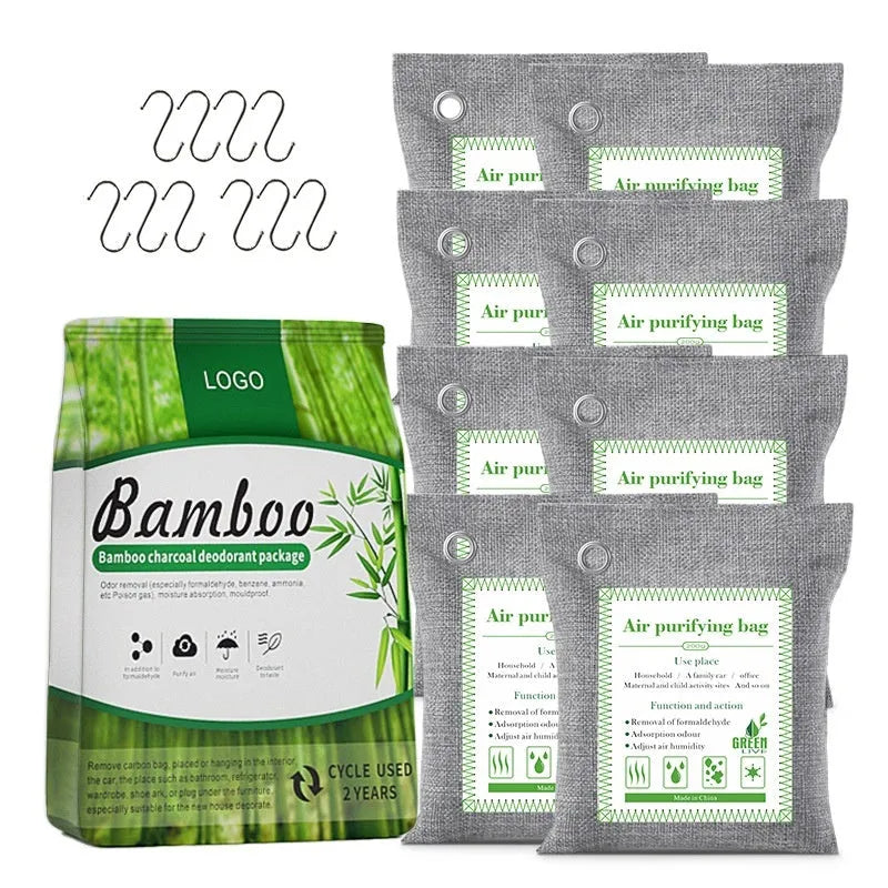 Bamboo charcoal air purifier bag in a sewn fabric pouch for formaldehyde removal.