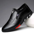 Men's black and brown leather business shoes with flat heel and plain toe.