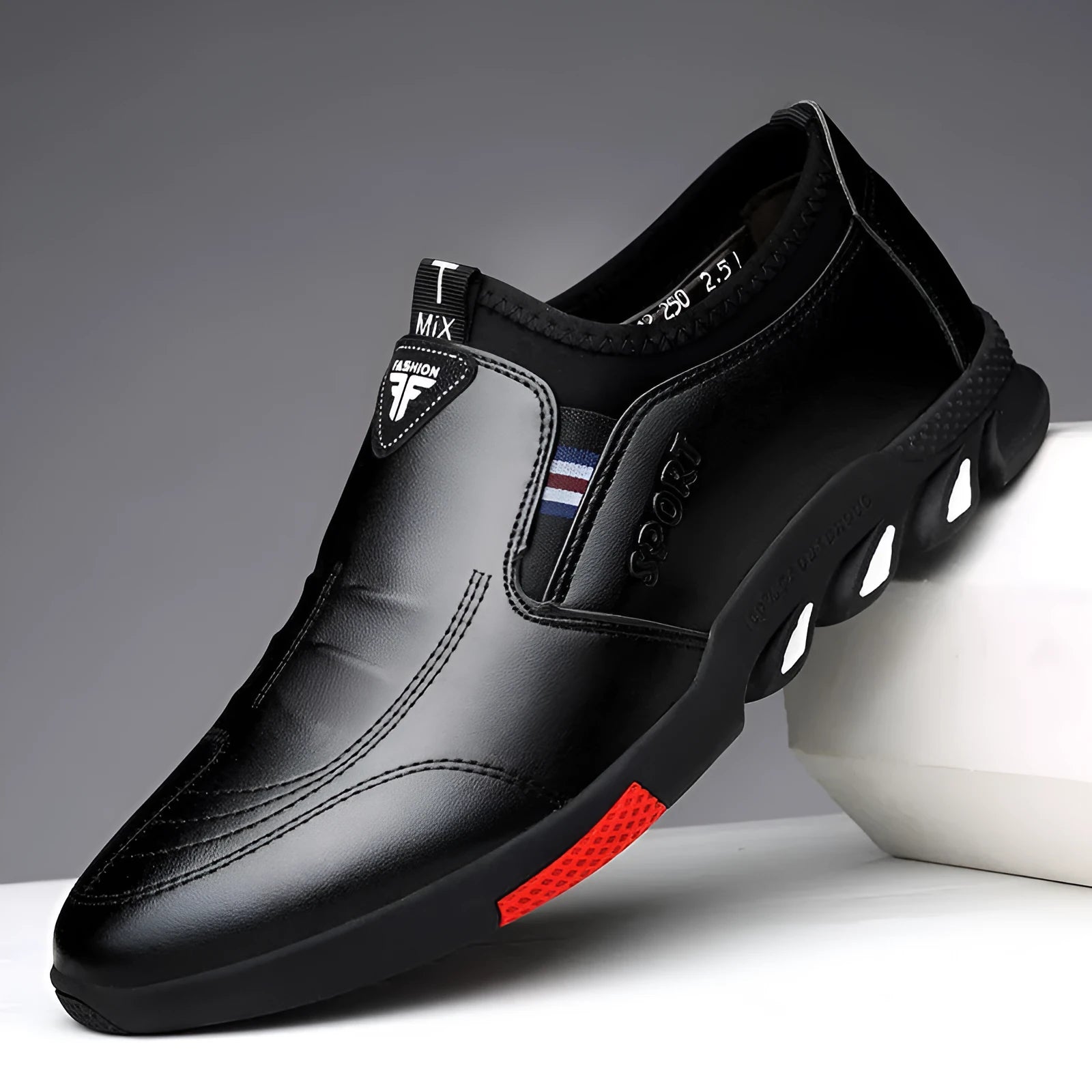 Men's black and brown leather business shoes with flat heel and plain toe.