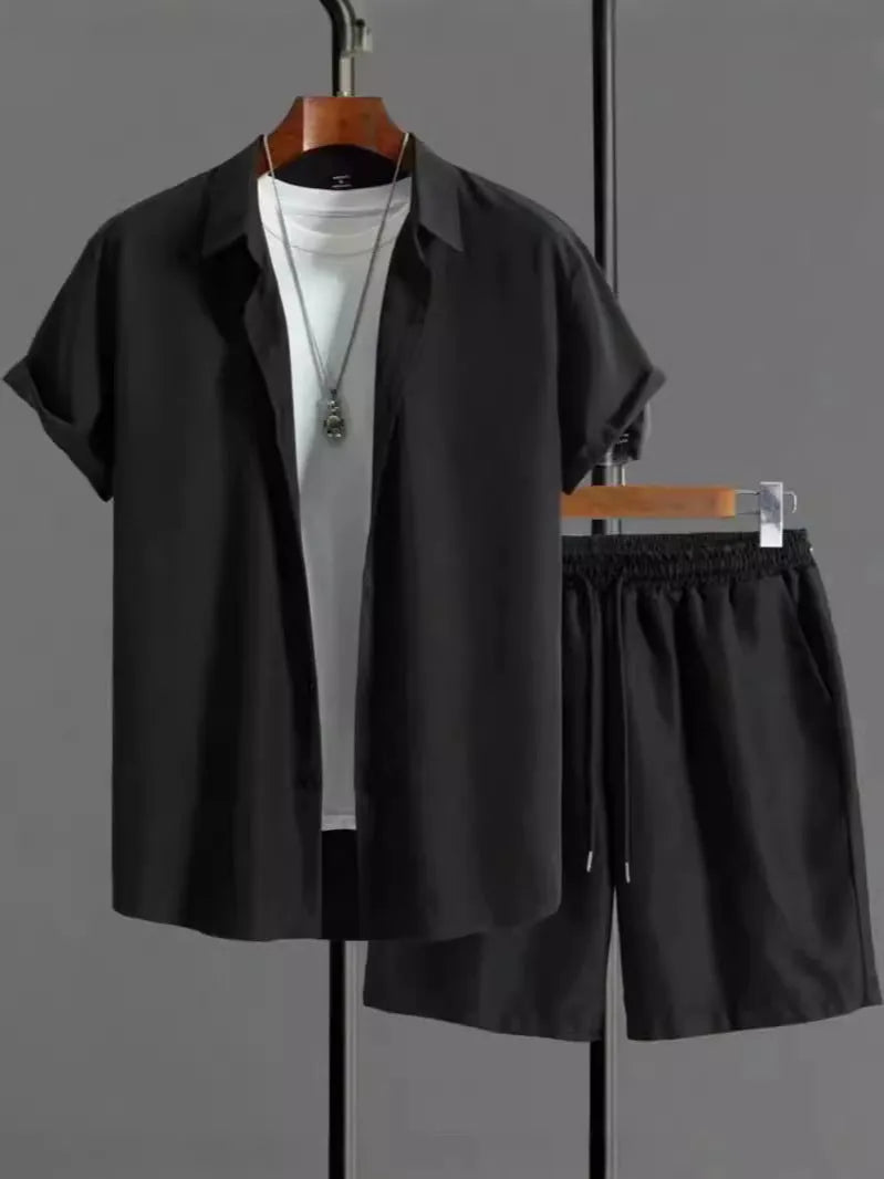 Short sleeve jacket and matching shorts suit set in a solid Jacquard colour on a hanger.