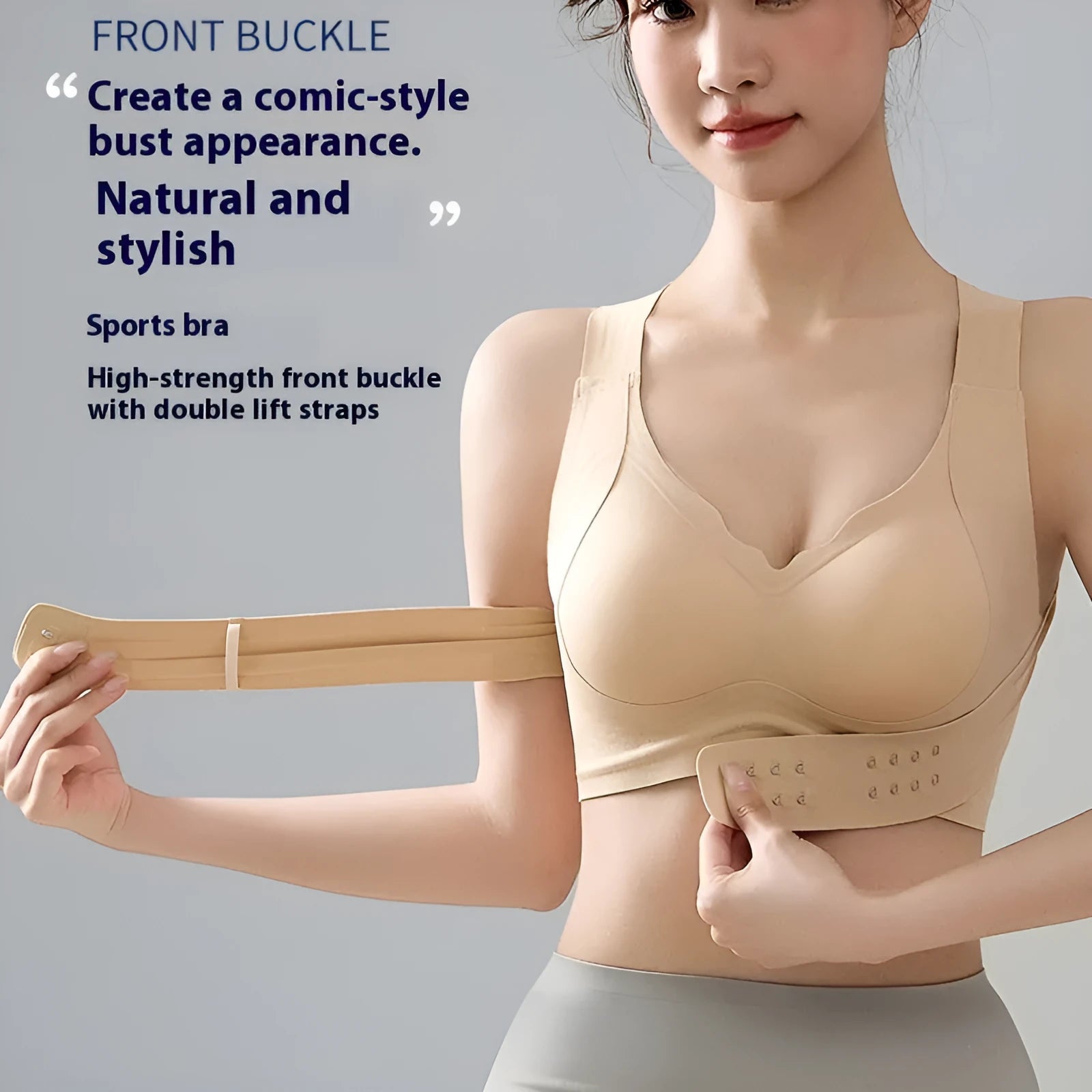 Women's front buckle yoga bra in black, showing back shaping design and adjustable front closure.