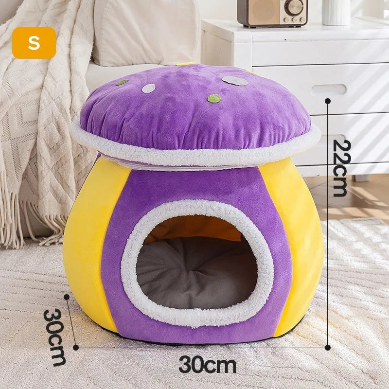 Plush grey mushroom-shaped cat bed with a detachable rabbit fur blanket inside.