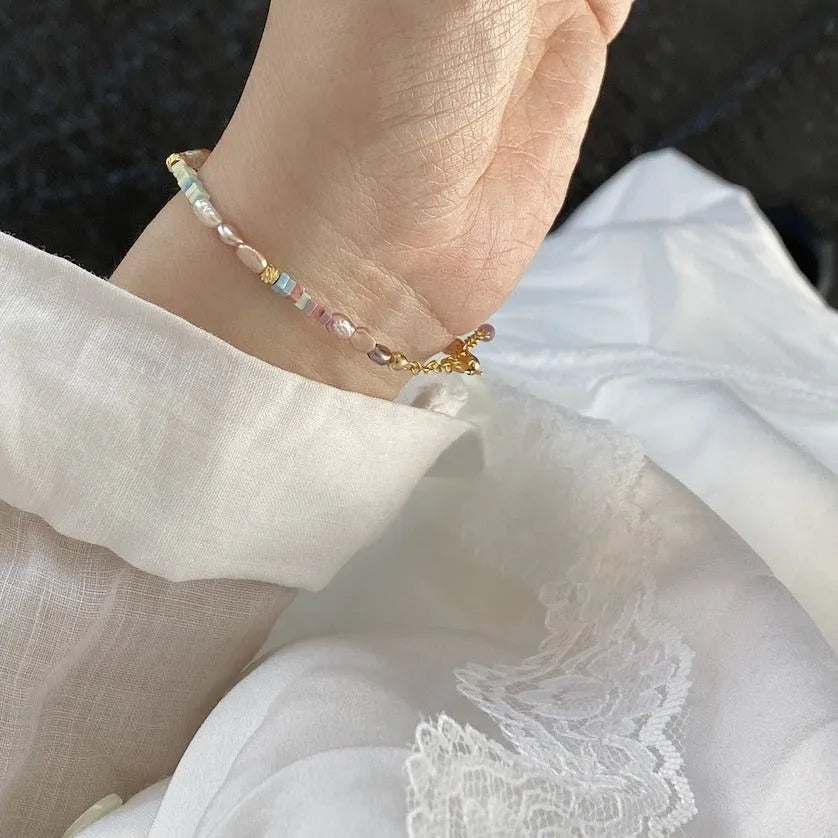 14K gilded purple silver mini bracelet with irregular natural pearl and U-shaped design for women