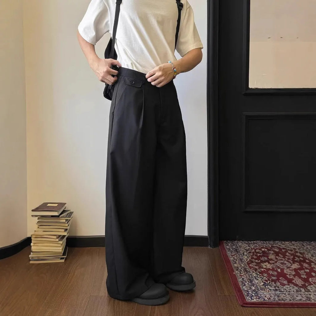Men's brown casual suit pants with straight loose wide-leg fit and draping style
