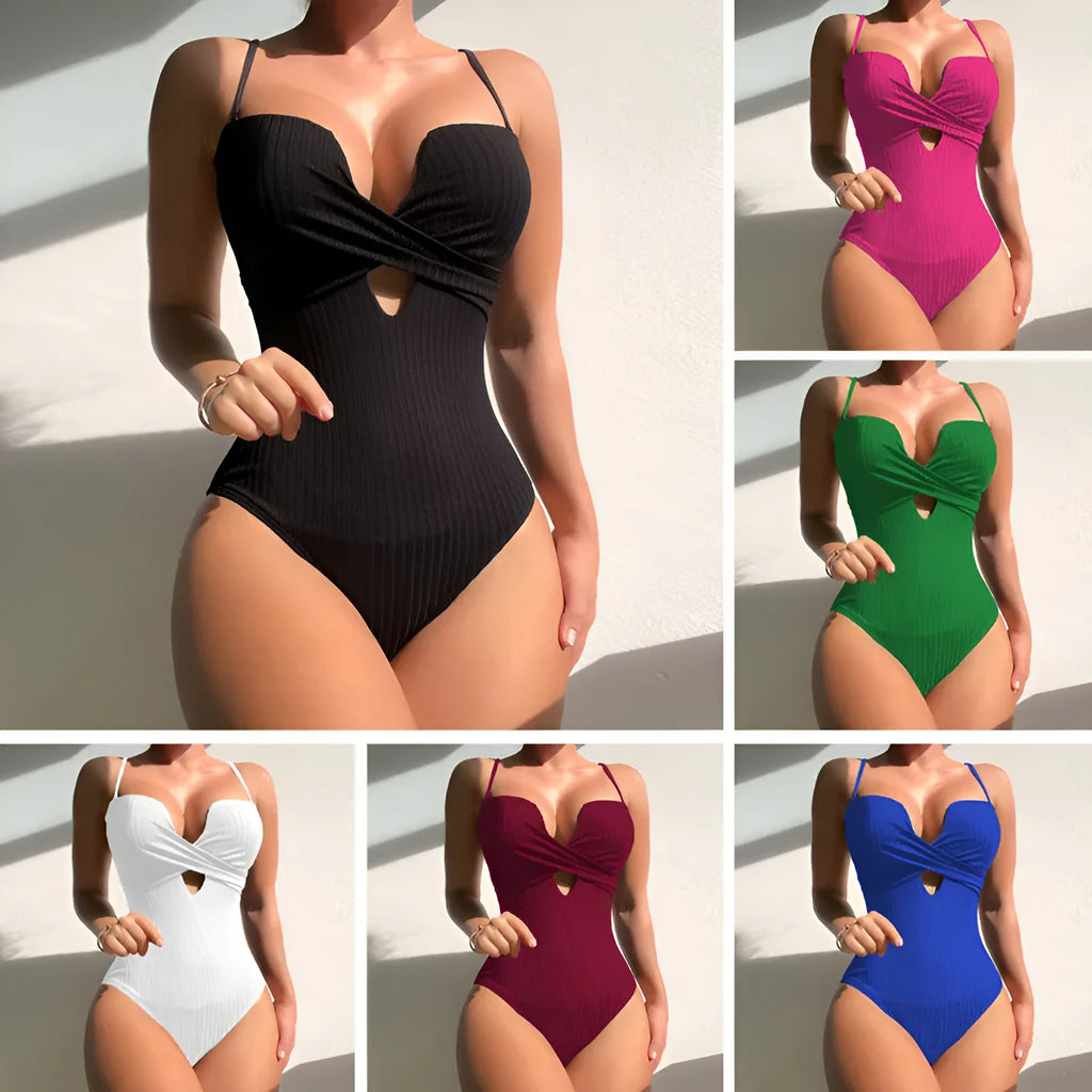 One-piece solid colour slimming swimsuit in rose red, white, or burgundy for adult females, sizes S to XL