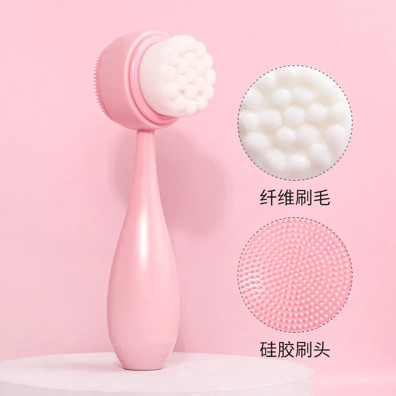 Facial brush and coral fleece hair band set in purple, grey, white or pink colours for keeping hair dry during skincare.
