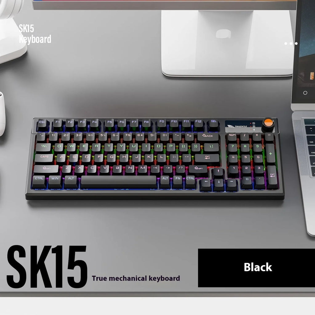 SK15 wired mechanical keyboard with central control knob in Autumn Water Blue colour on a desk.