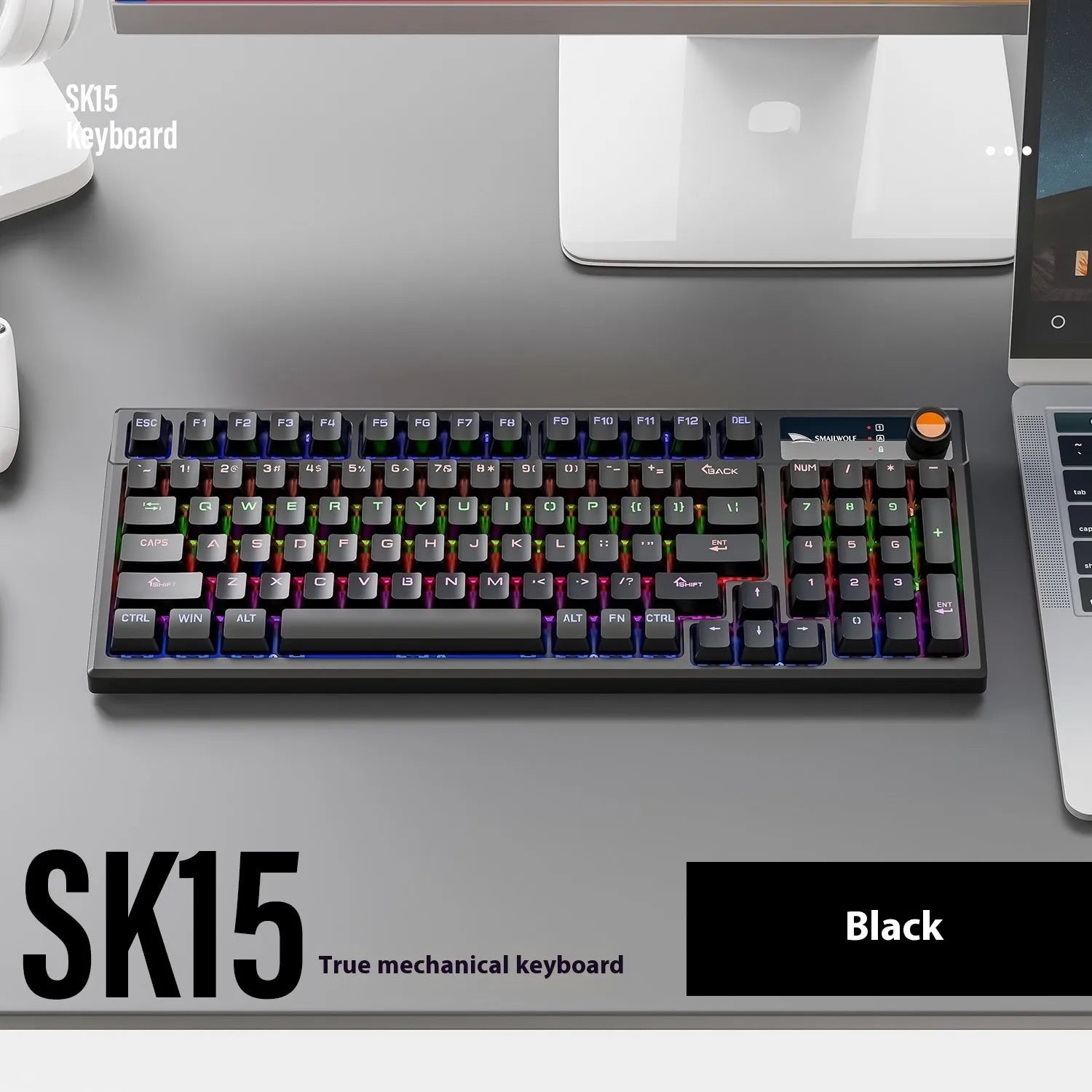 SK15 wired mechanical keyboard with central control knob in Autumn Water Blue colour on a desk.