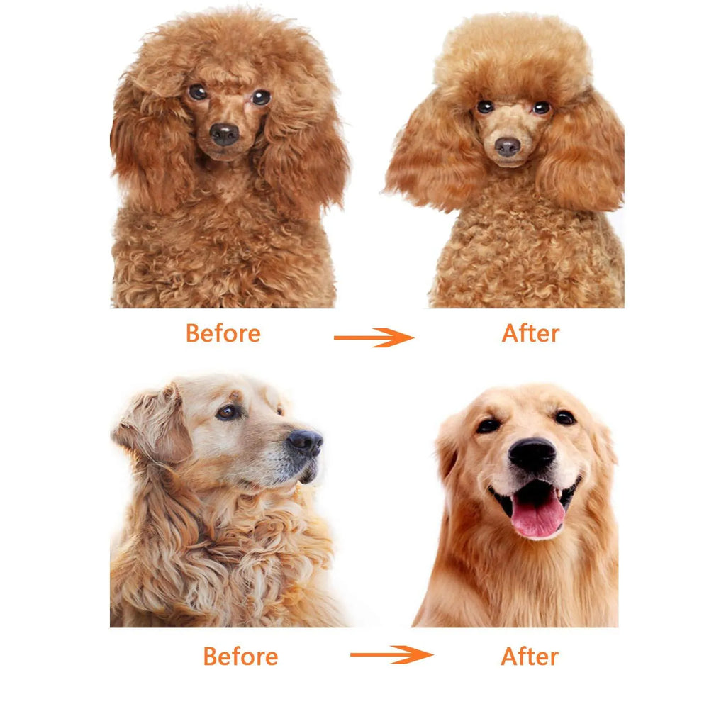 Red plastic handle pet grooming comb with dual-length stainless steel teeth for dematting dogs and cats.