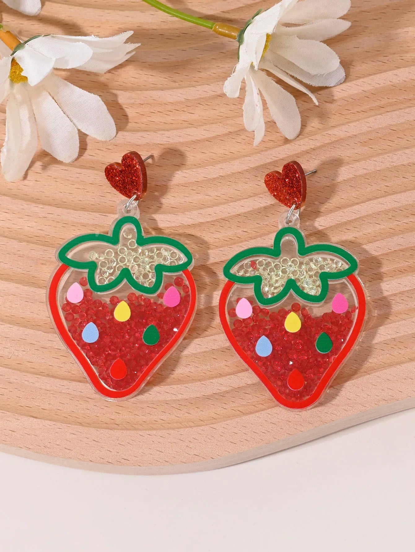 Colourful acrylic earrings with cherry, strawberry, watermelon, pineapple, coconut tree, cake, and ice cream designs for women.
