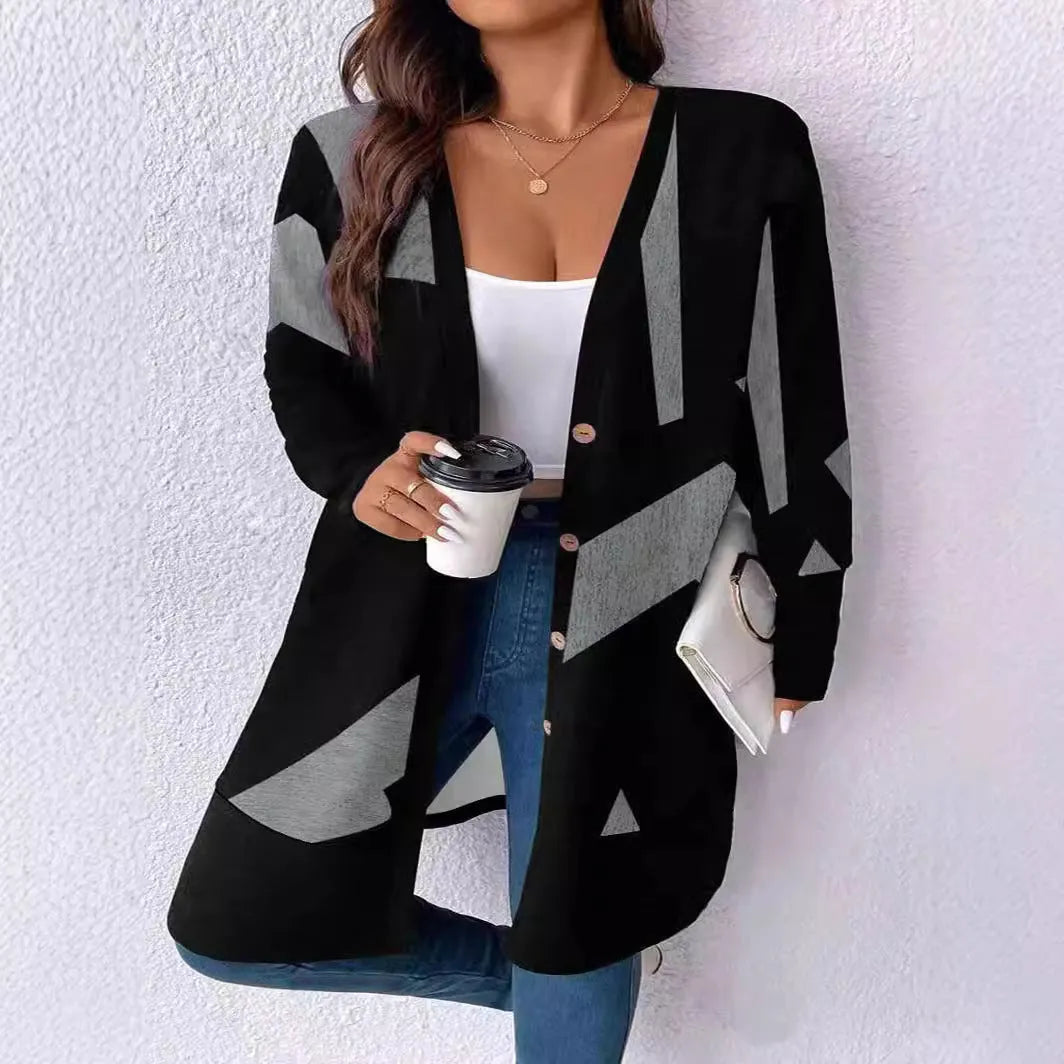 Black loose plus size knit cardigan coat with button front and printing detail.