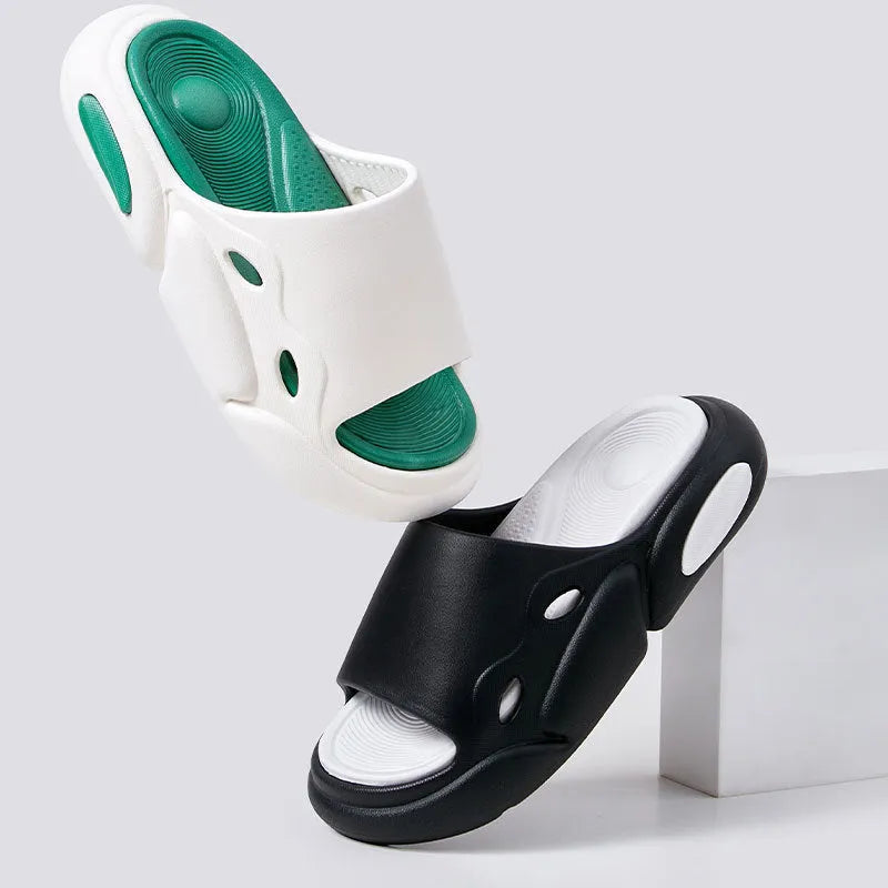 Two-colour EVA slippers for couples with thick soles and leather lining in pink purple, white green, and black white options