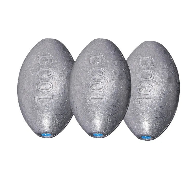 Rugby-shaped olive lead fishing weight with plastic core for sea fishing in various sizes