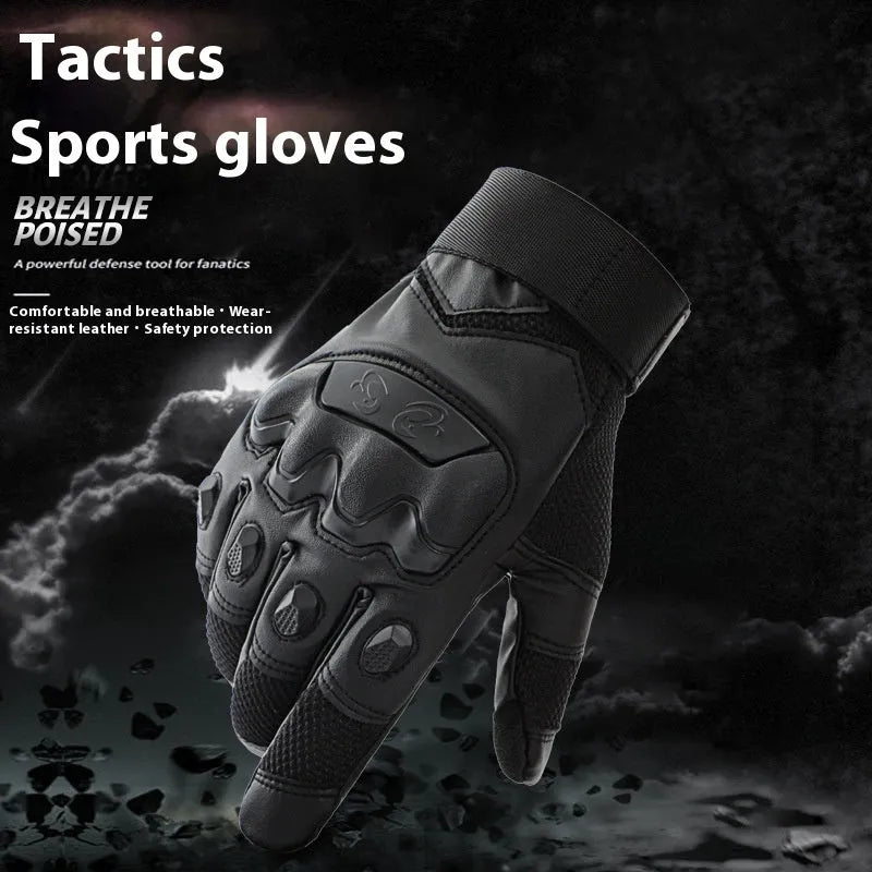 Men's black tactical gloves with full finger coverage showing touch screen compatible fingertips