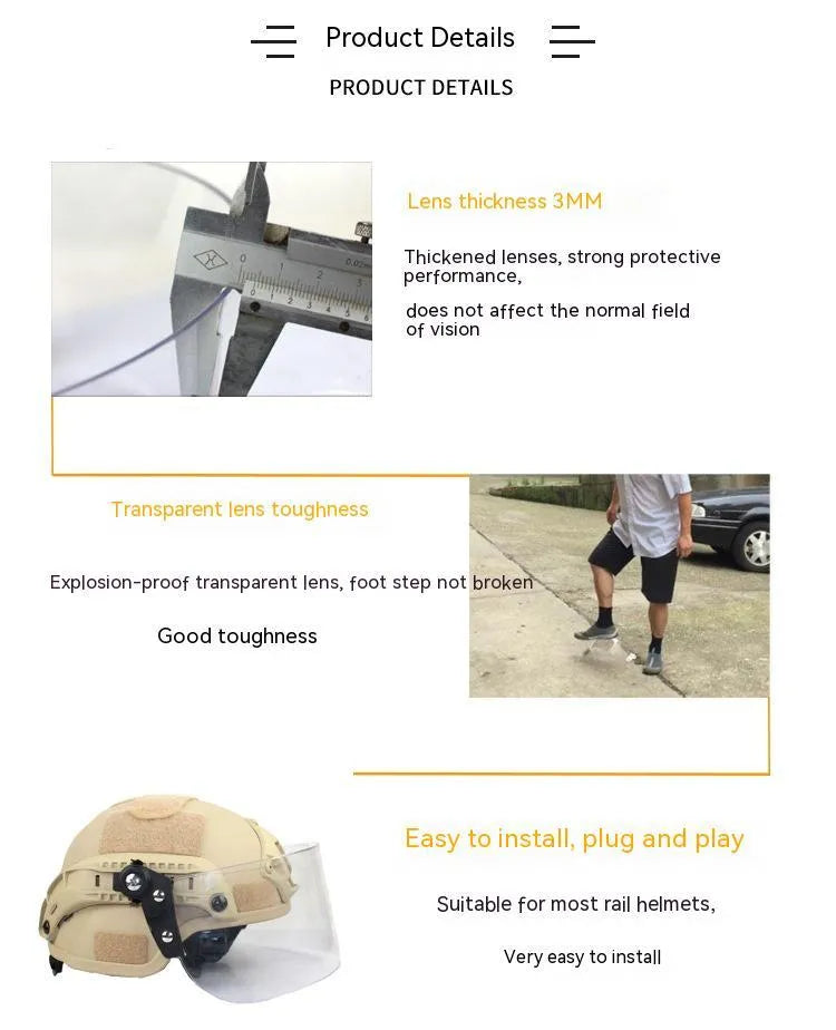 Transparent PC helmet face protection shield with windproof lens on guide rail mount