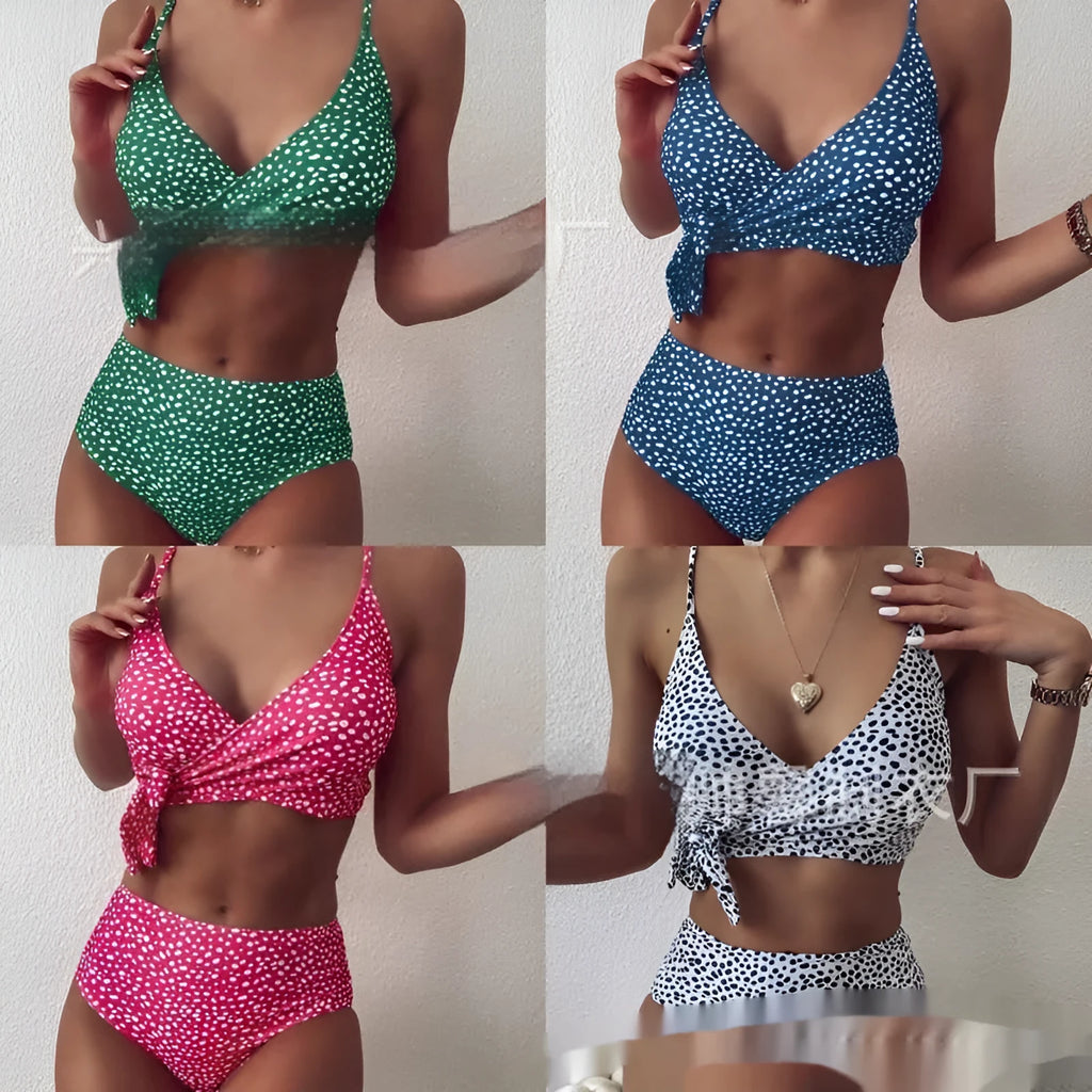Women's polka dot split bikini set with raindrop cross design in five colours