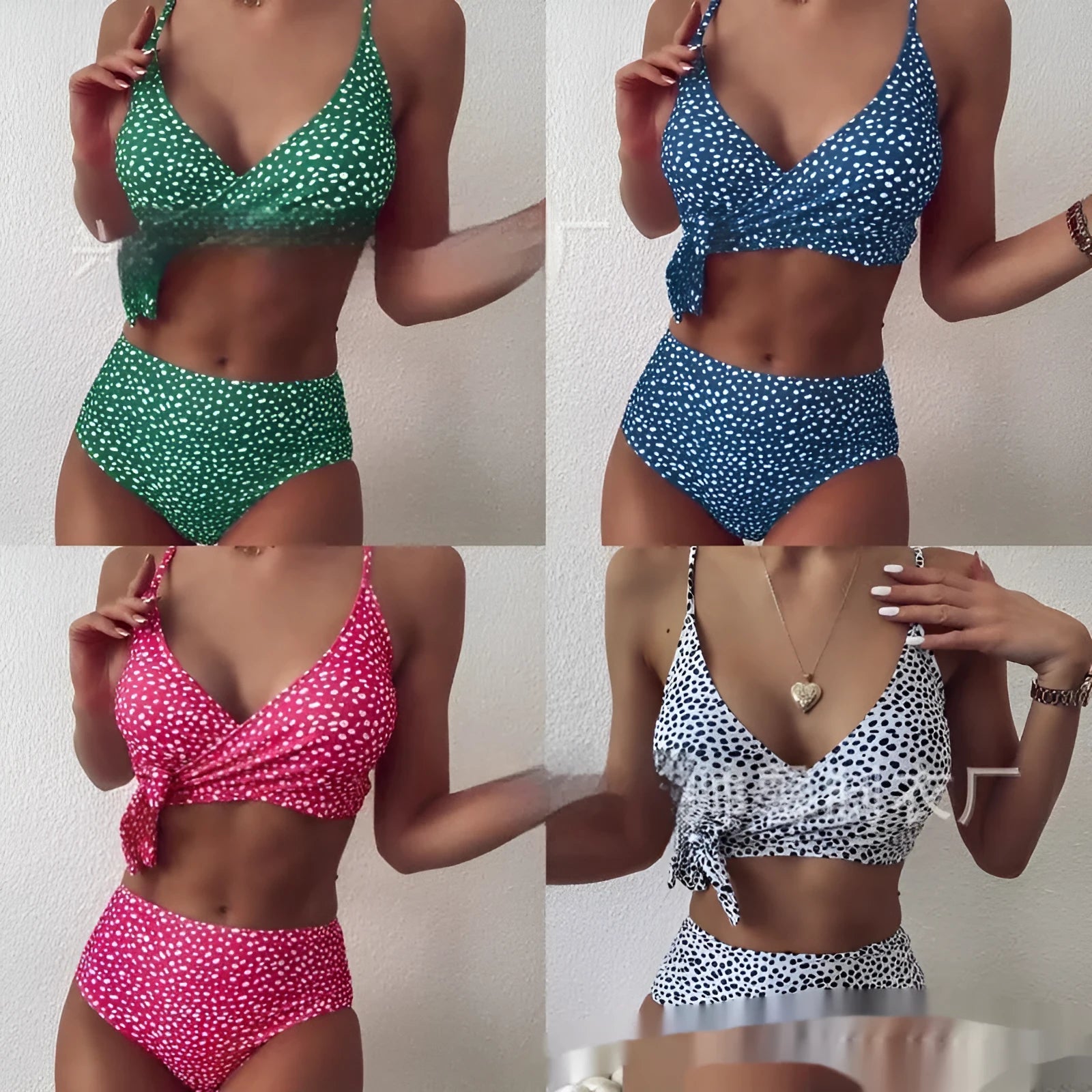 Women's polka dot split bikini set with raindrop cross design in five colours