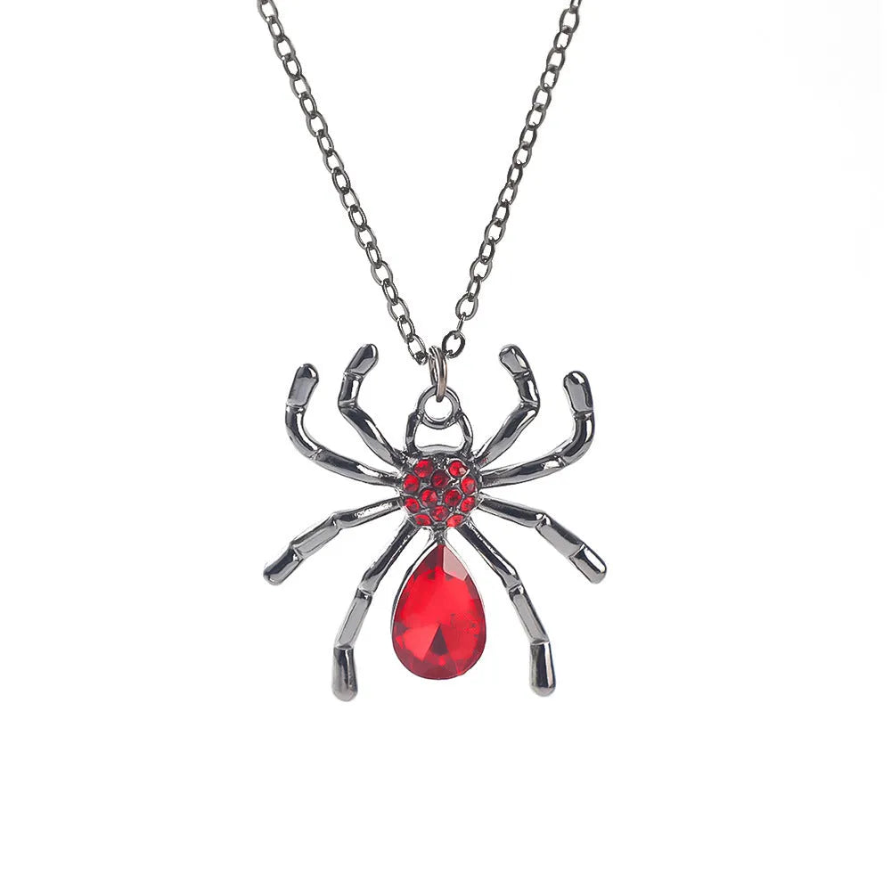Women's zinc alloy Halloween necklace showing spider, bat, and skull wing pendant designs on a regular chain.