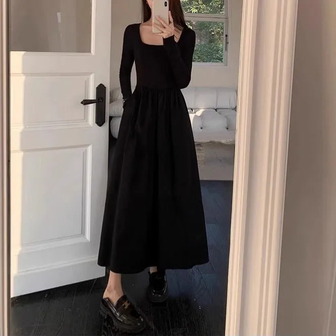 Black square collar knitted dress with elastic waist and long A-line skirt