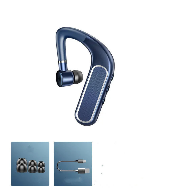 Black Bluetooth earphones with hanging ear design shown with three pairs of ear caps and charging cable