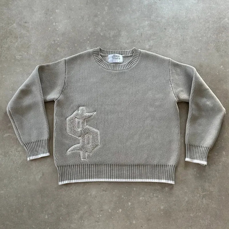 Grey jacquard loose-fitting knitwear coat with long sleeves and pullover style for autumn winter wear