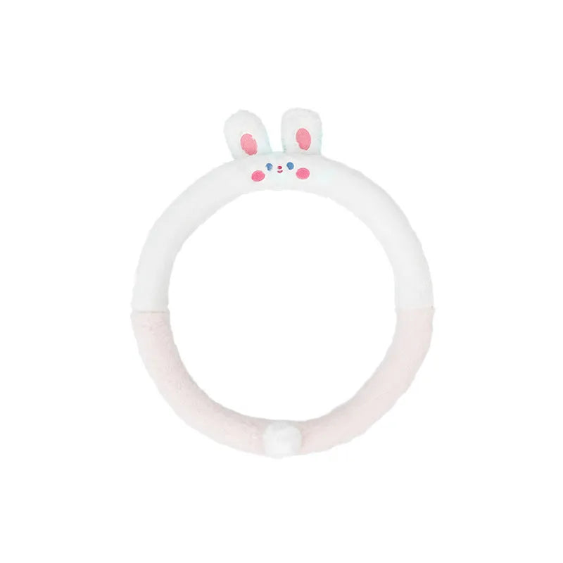 Plush rabbit fur-style steering wheel cover with embroidered cartoon animal design for winter use