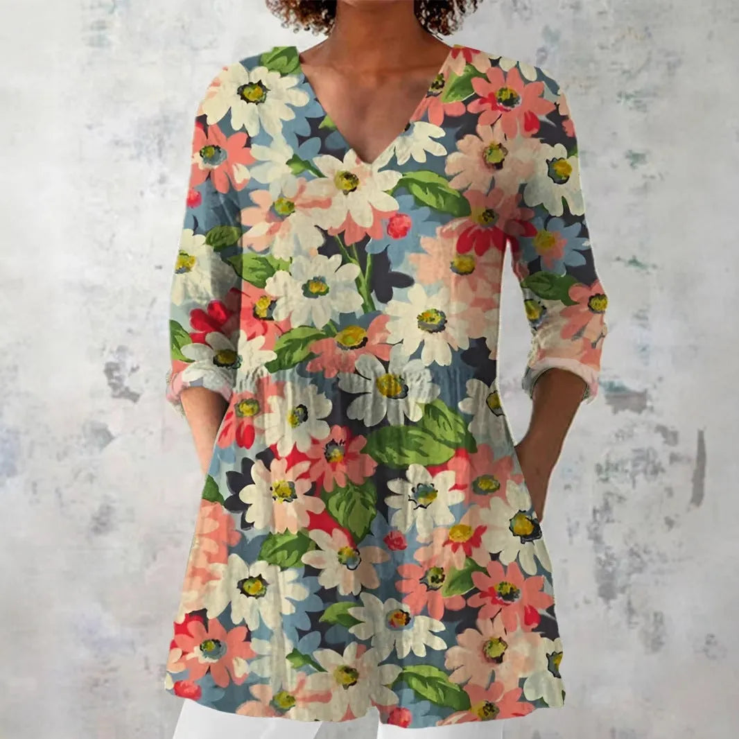 Women's retro slim-fit long-sleeved polyester top with digital printing in various colours