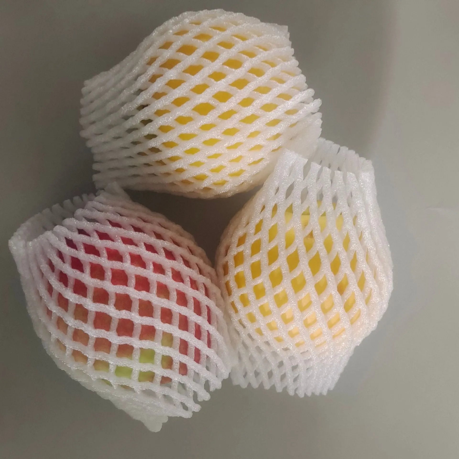 White foam shockproof protective net case showing net construction with size options from 6x5cm to 18x7cm