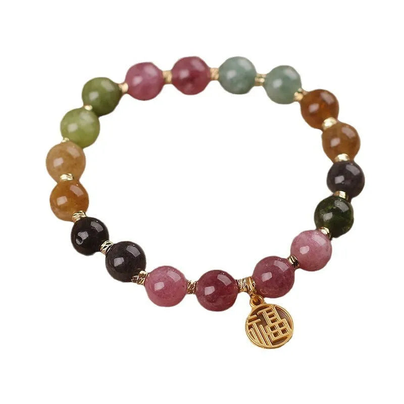 Natural colour tourmaline bracelet with geometric design showing floral or Chinese Fu character options