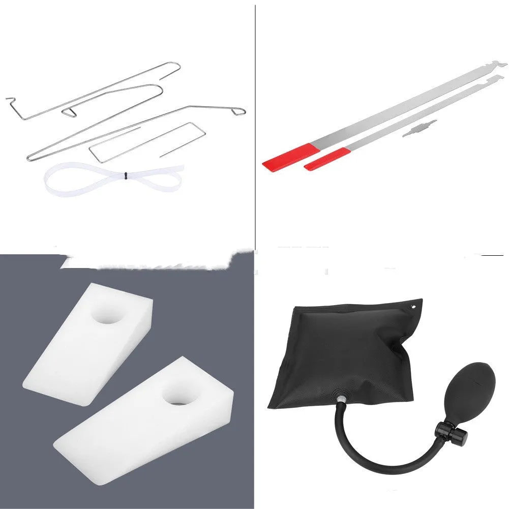 9-piece automotive emergency lockout tool kit with air pump wedge, plastic wedges and crowbar tools