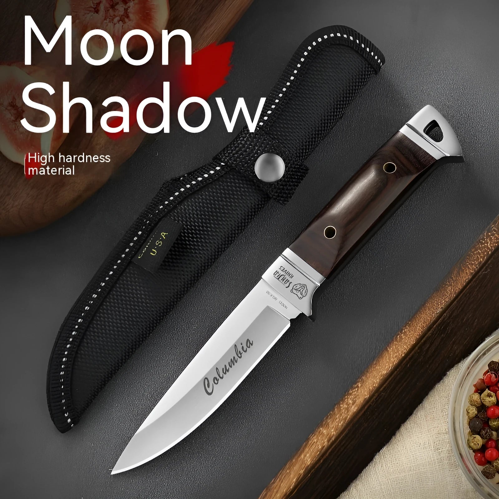 Camping stainless steel fruit knife with leather case showing one-piece keel forming and national style design.