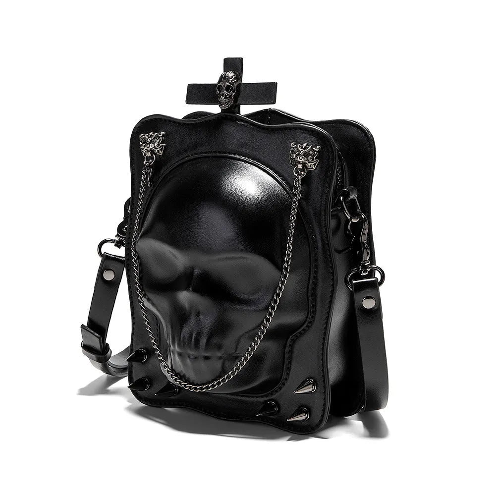Black mini square crossbody bag with Halloween skull embossed design and chain accents