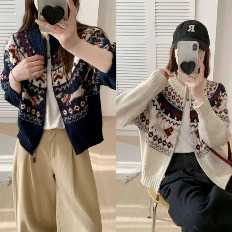Ethnic style heavy industry jacquard pullover sweater with 3D effect pattern in beige apricot colour
