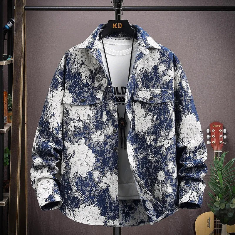 A casual long-sleeved lapel shirt coat in a straight hem style, shown in one of its available colours.