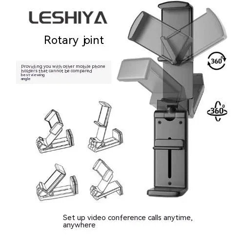 Foldable rotating phone holder in black, extended to full 20cm height with phone secured