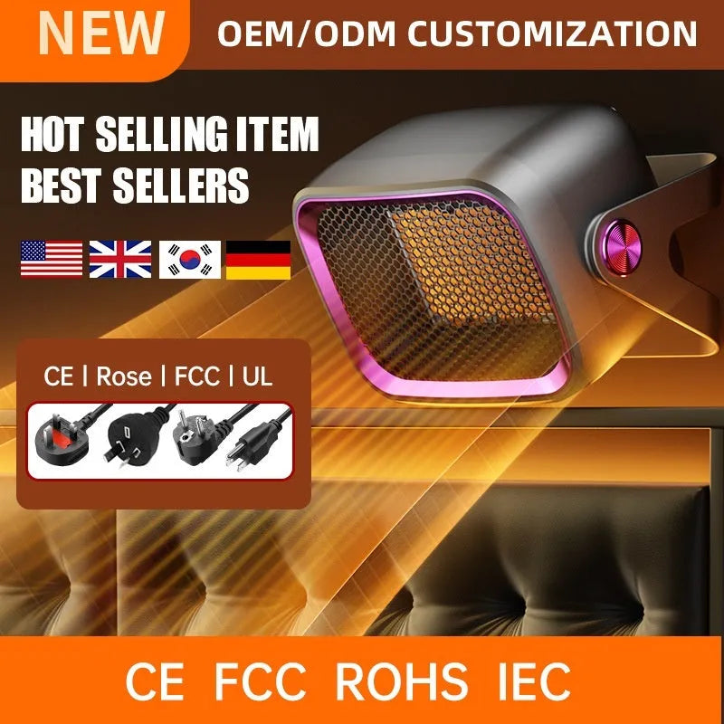 Compact grey desktop heater with ceramic heating technology and rotatable design