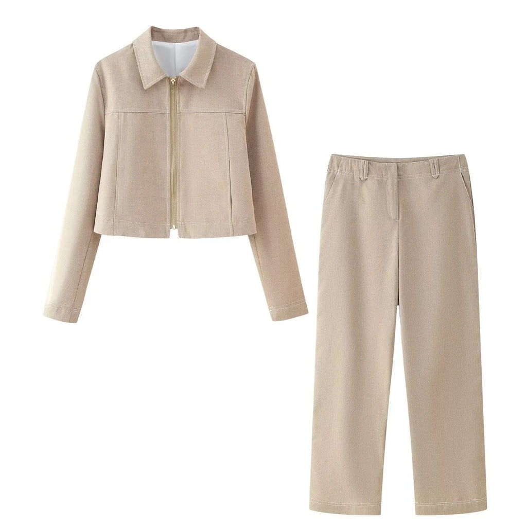 Women's herringbone pattern suit set with 3D embroidery on coat and trousers for summer casual wear