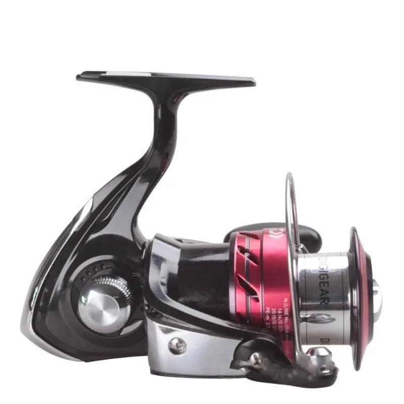 SWEEPFIRE 2B CS alloy spinning fishing reel on display with multiple series options